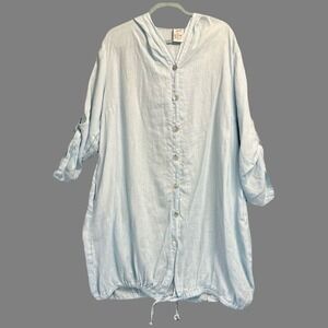 Match Point Button Front Tunic Top Hooded Size XL Blue 100% Linen Lagenlook